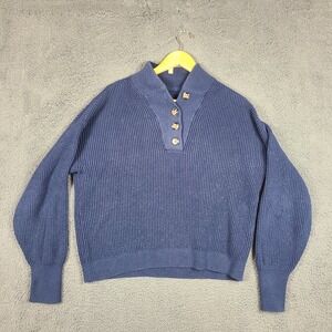 Lunya Navy Blue Cotton Silk Waffle Knit Henley Sweater Mock Neck Womens